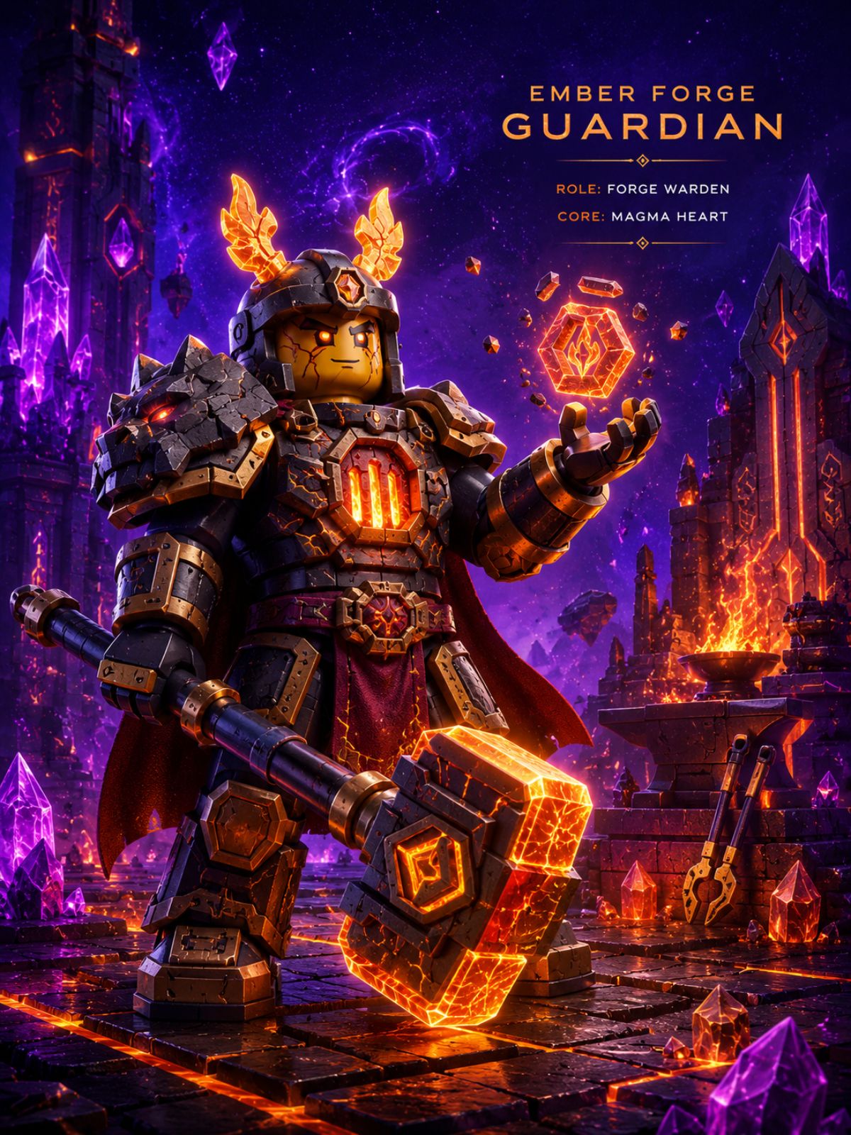 One original forge-element guardian with broad human build, dark brown skin, shaved head, rust red and charcoal cloth armor, ceramic shoulder plates and an original hammer with a g