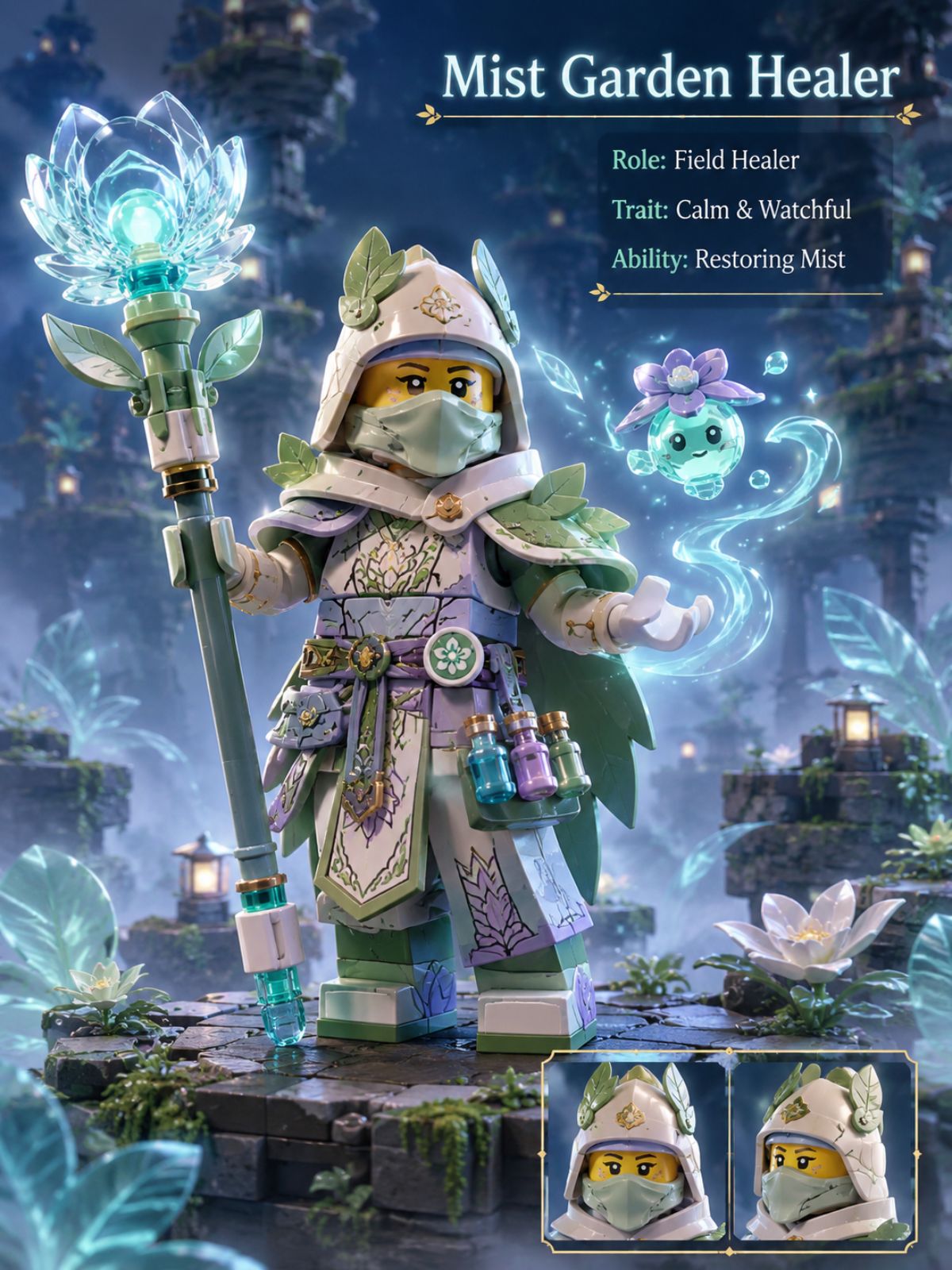 One original mist-element healer with pale olive skin, wavy dark green hair, pearl gray and sage layered robes, soft half-mask lowered at the neck, carrying an original water-ring