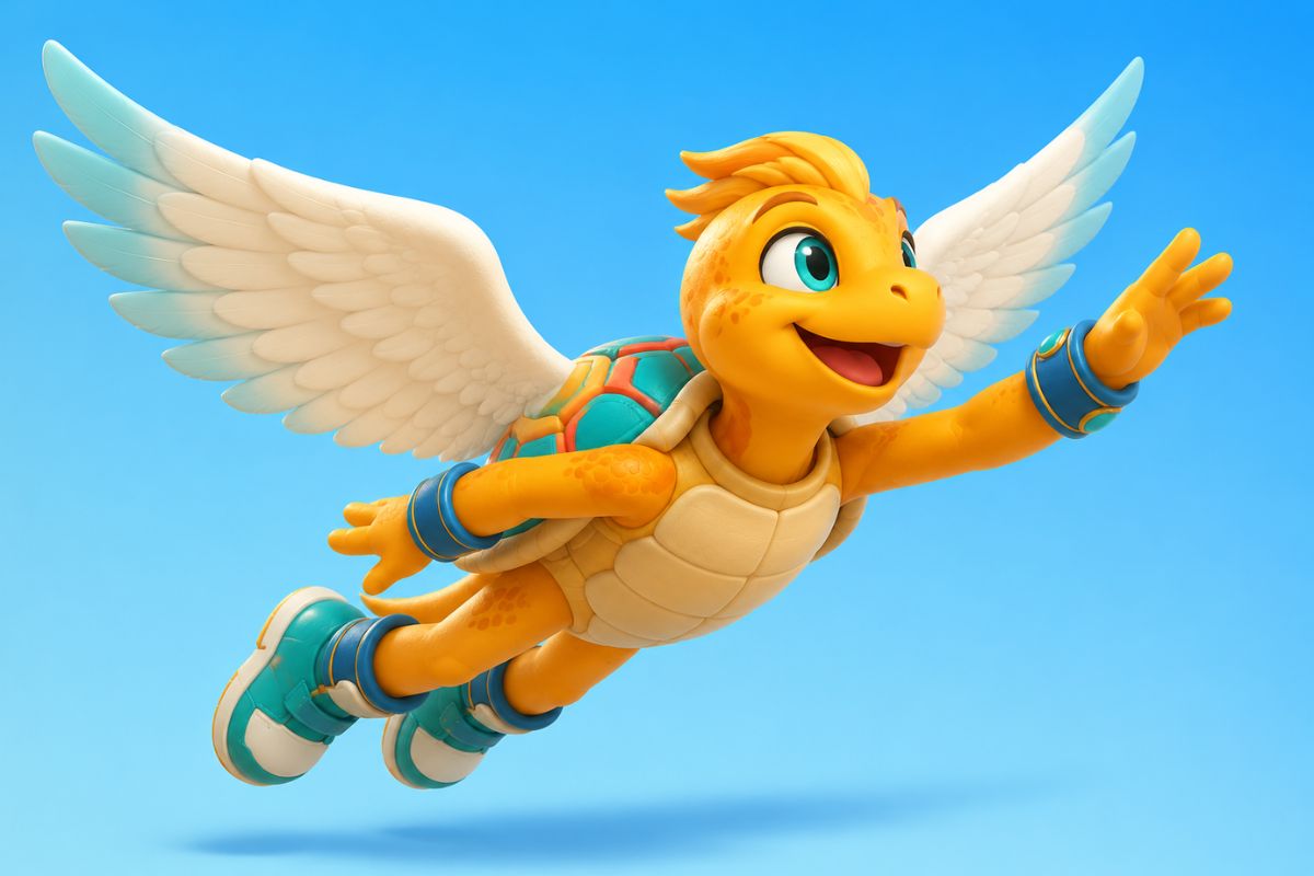 One original shell-bearing avian-reptile sky courier, narrow beaked face, cobalt feathered crest, copper scales, lightweight hexagonal shell made of woven wood, indigo flight coat,