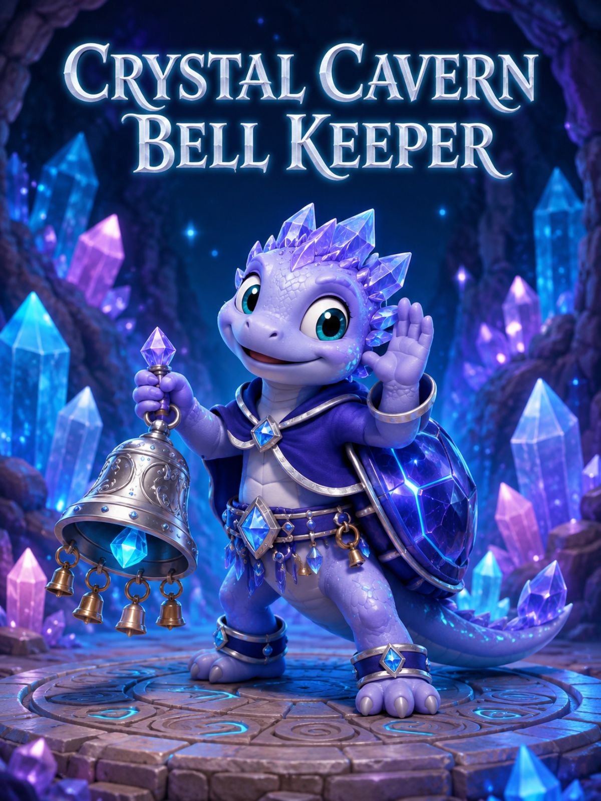 One original shell-bearing cave amphibian bell keeper, wide axolotl-like face with soft external gills, midnight-blue skin, translucent faceted amethyst shell, pale gray ceremonial