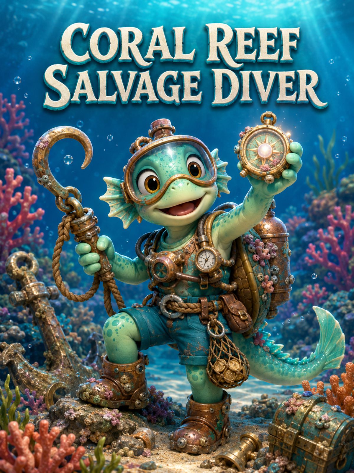 One original shell-bearing marine lizard salvage diver, long seahorse-like snout, coral-red scales, flattened pearly shell with navy straps, practical diving hood and tool belt, ho