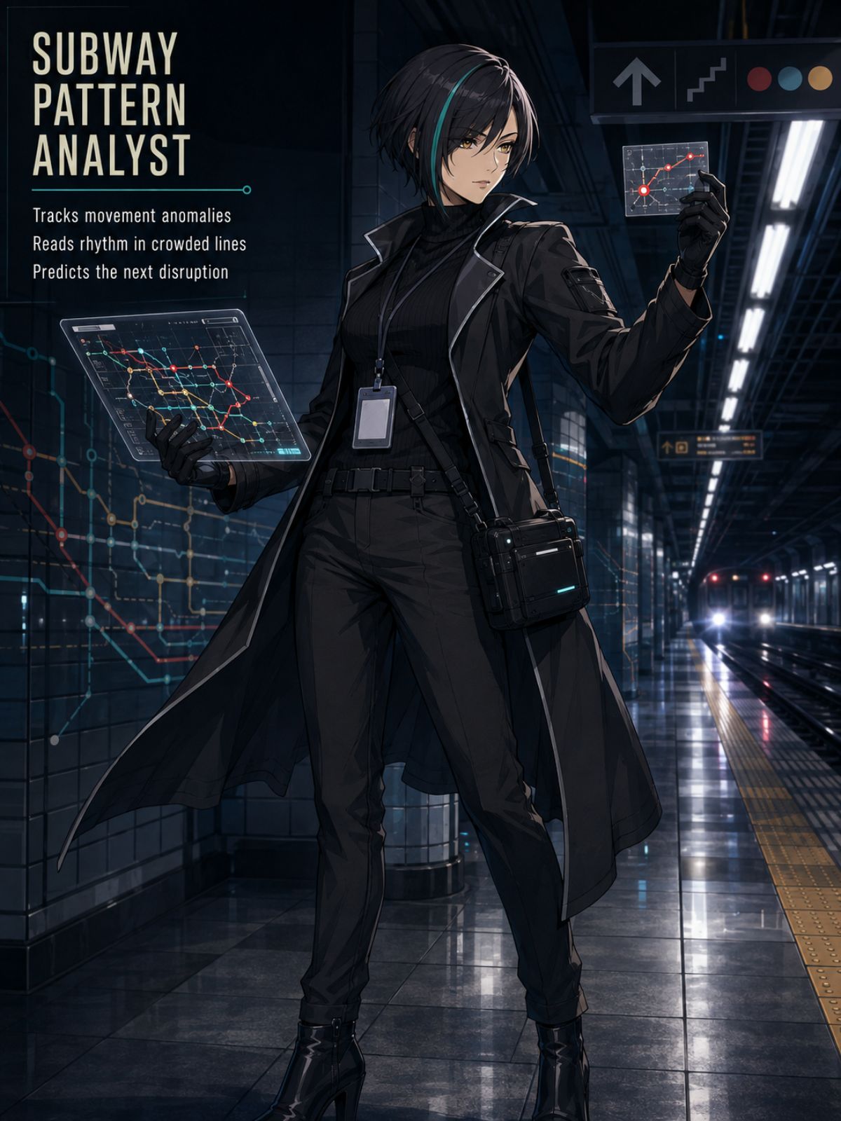 One original female urban pattern analyst with light brown skin, blunt auburn bob, pale blue trench coat and geometric earrings, pinning blank translucent map layers inside an empt