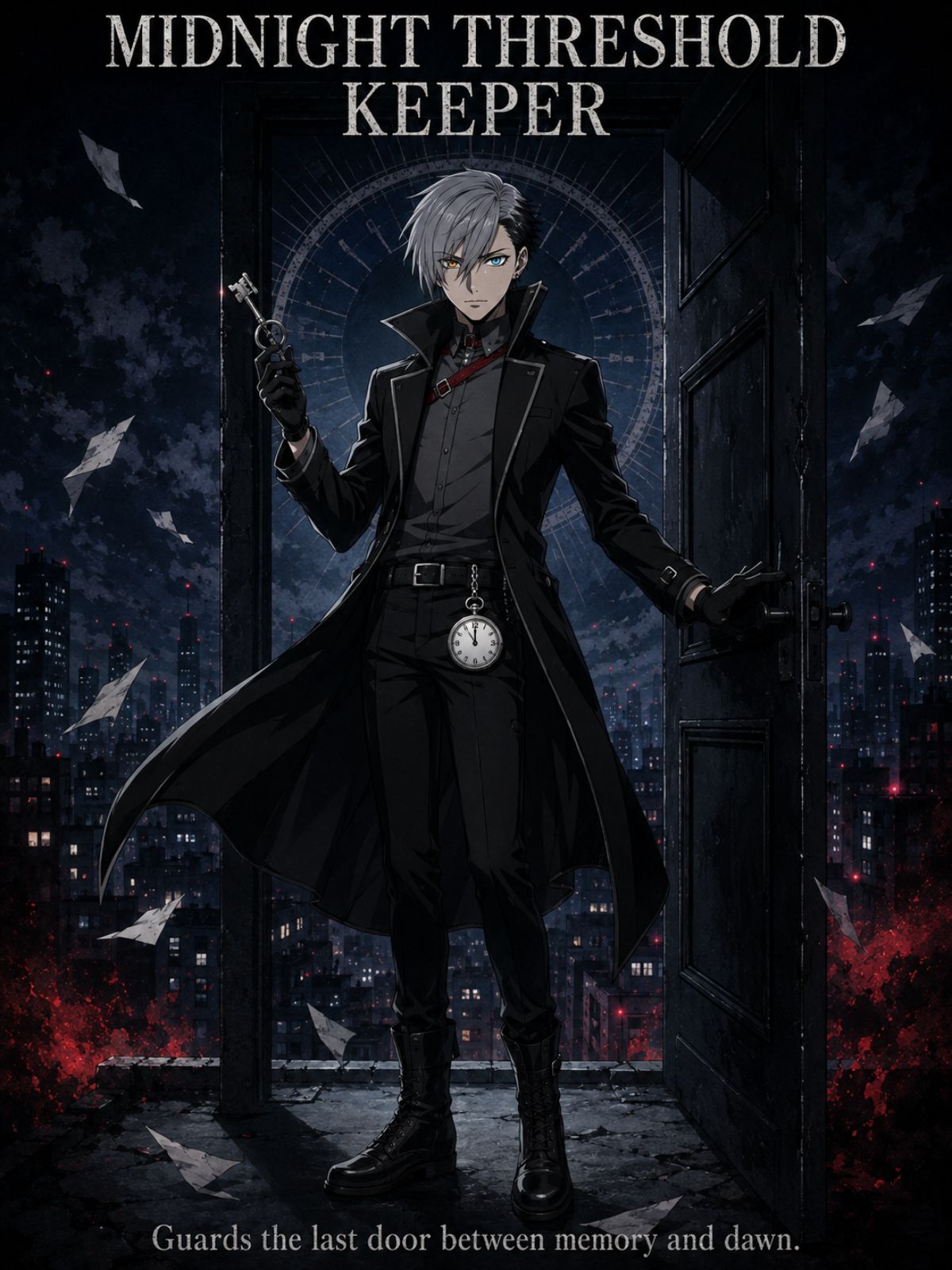 One original nonhuman threshold keeper with slender mothlike head, matte indigo skin, luminous crescent eyes, layered gray robes and a chain of blank porcelain seals, guarding a ta