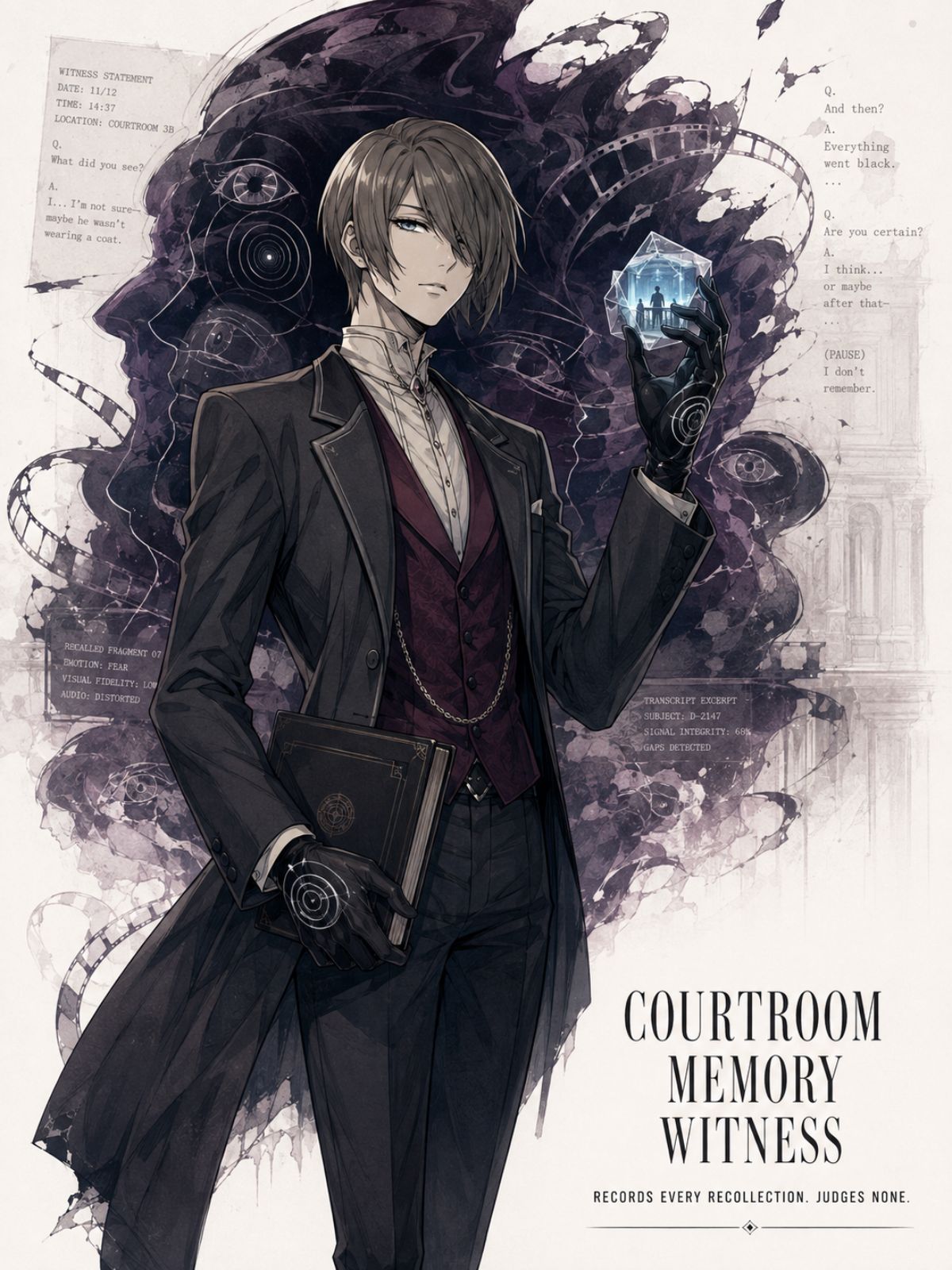 One original elderly memory witness with dark skin, close-cropped white hair, plum suit and silver cane, standing in an abandoned circular courtroom as soft fragments of unlabeled