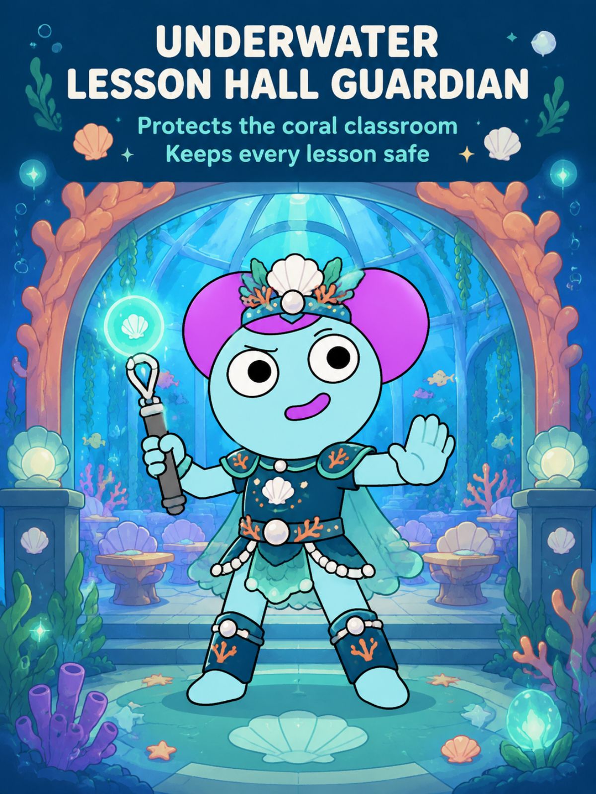 Original coral-bodied seahorse teacher OC with four fin arms, a deep red satchel, glass bubble lantern, and controlled cyan digital distortion inside a flooded lesson hall