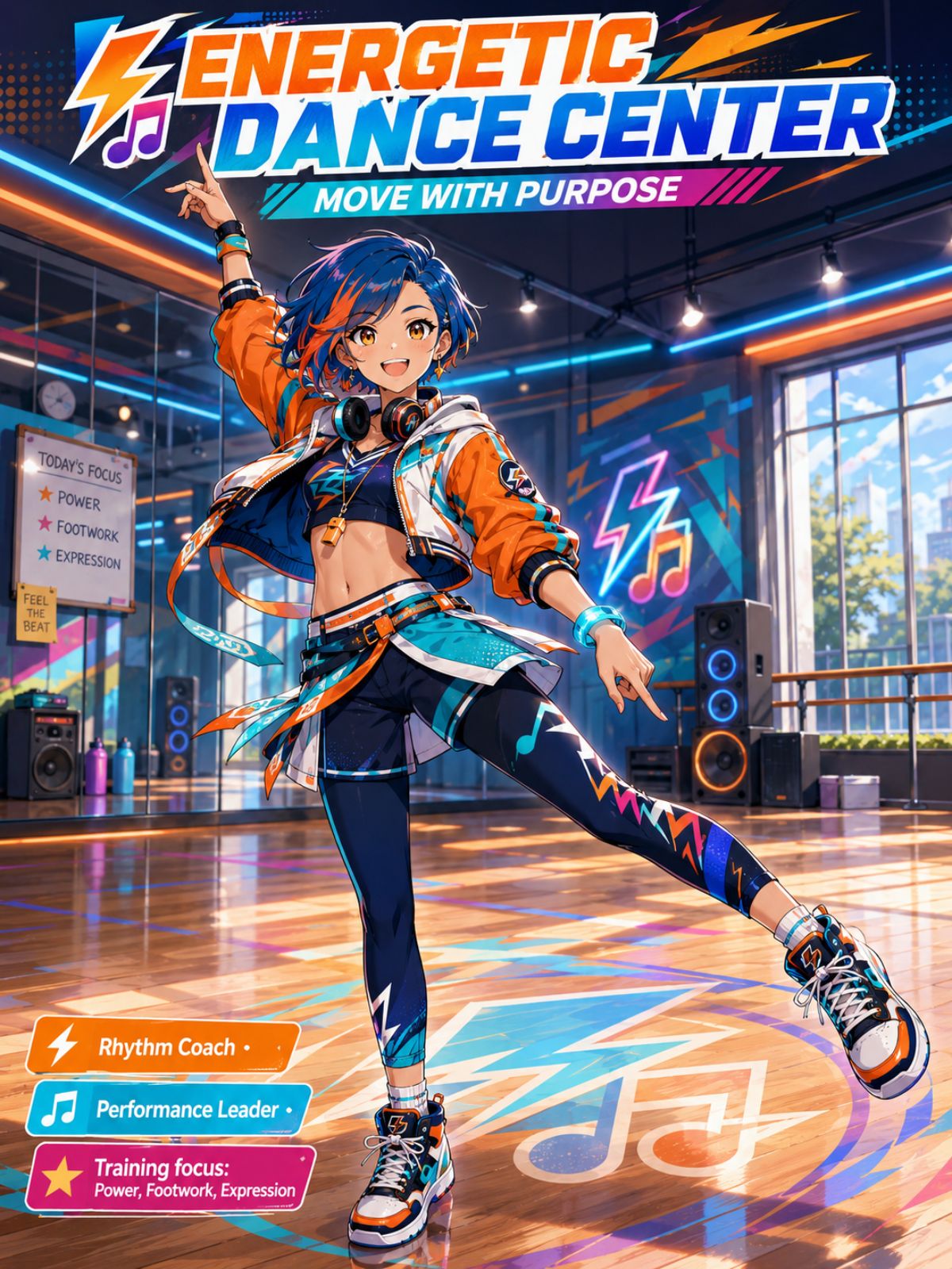 Original athletic dance idol OC in a blue performance outfit