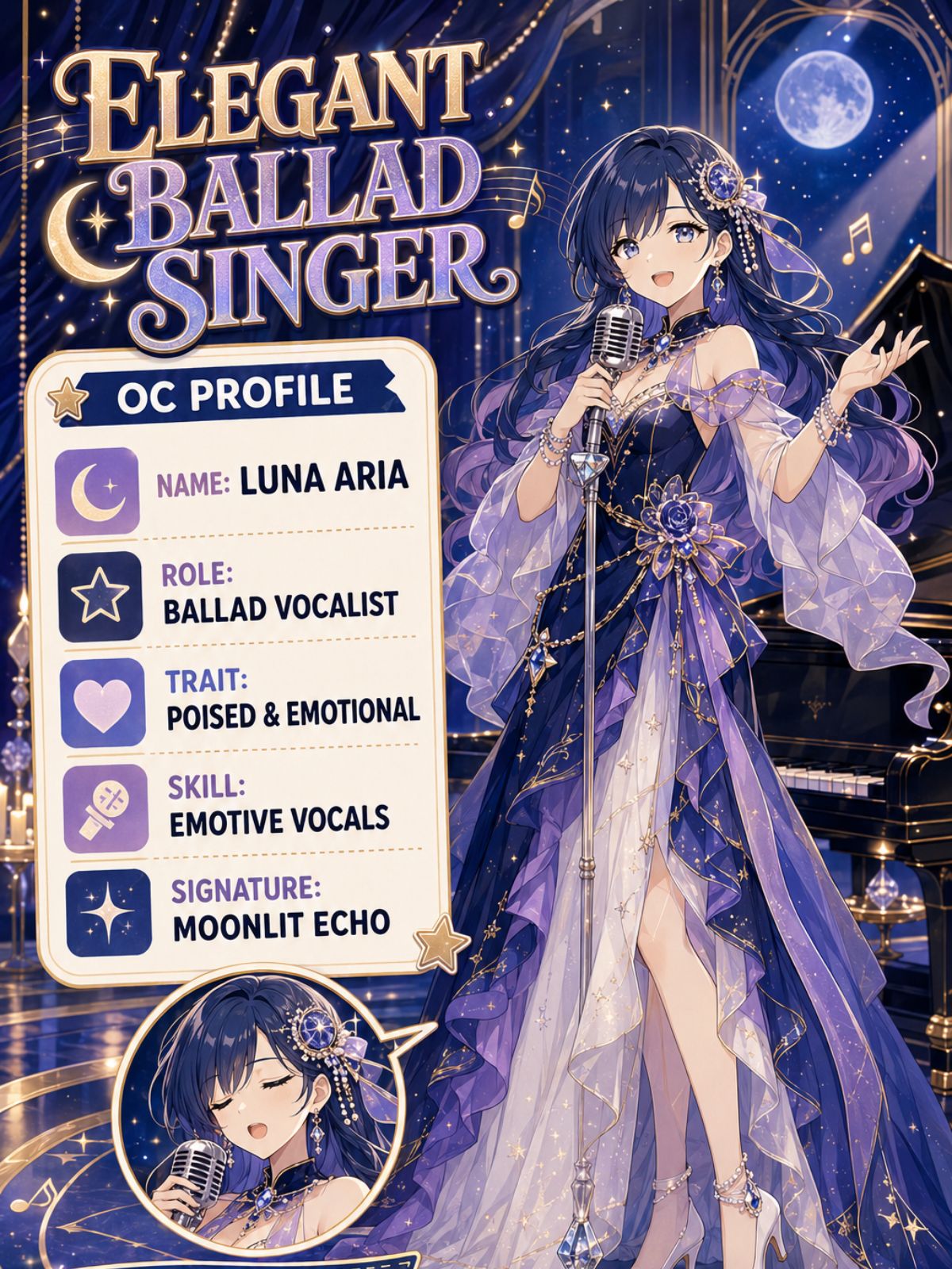 Original elegant ballad idol OC in a violet concert dress