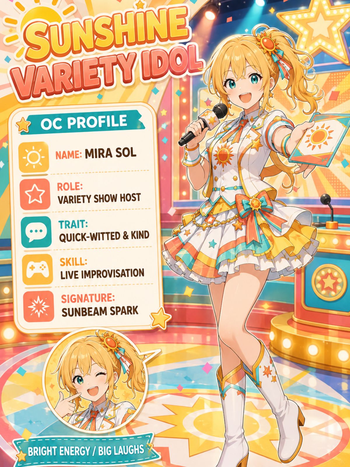 Original cheerful variety idol OC in a bright yellow stage costume