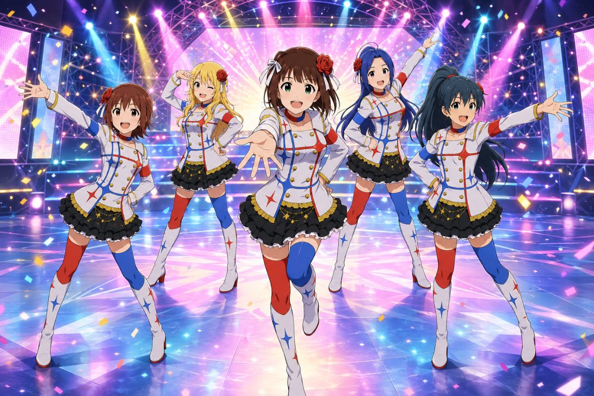 Two original anime idol performers with contrasting colors and stage roles
