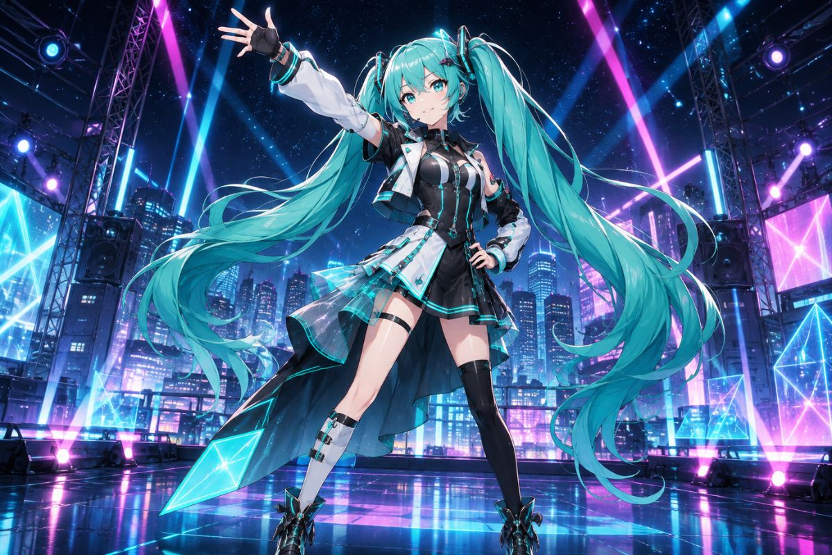 Original teal and coral virtual singer OC performing on a digital stage