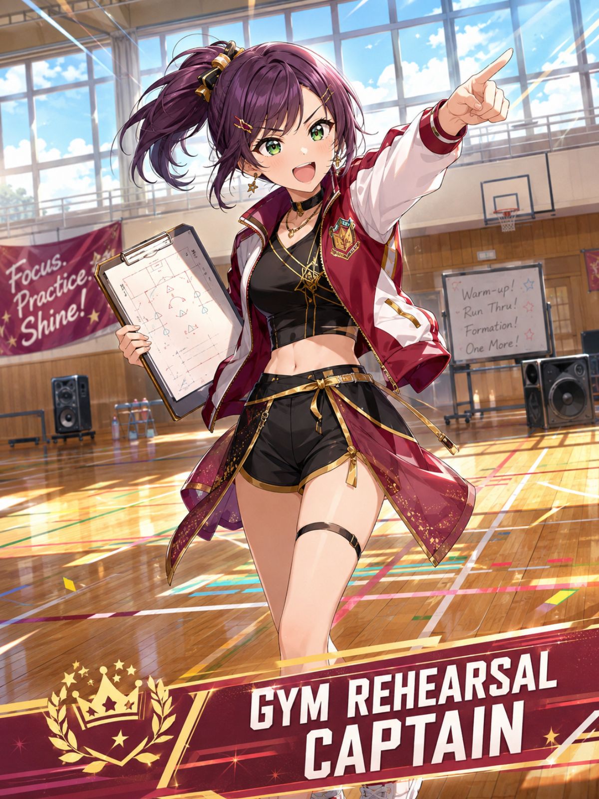 Original adult school-idol dance captain with albinism leading rehearsal in a bright gym