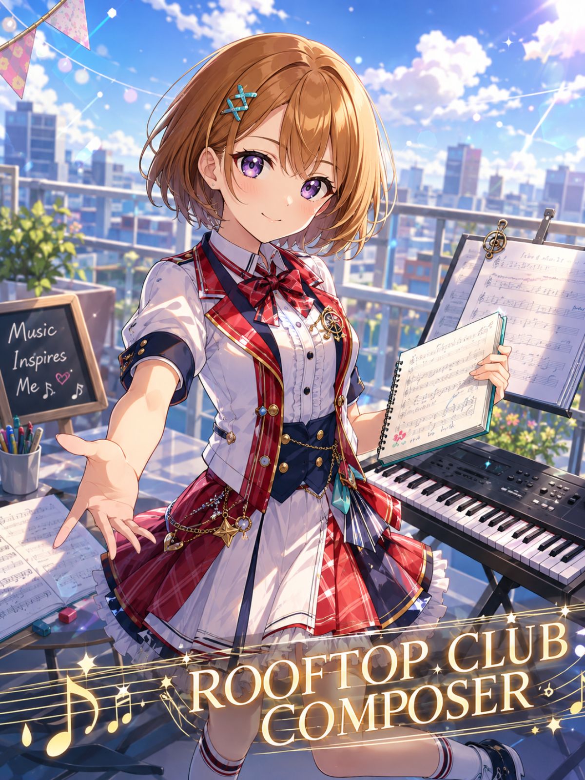 Original adult school-idol composer with dark red braids and mustard cardigan working in a rooftop garden