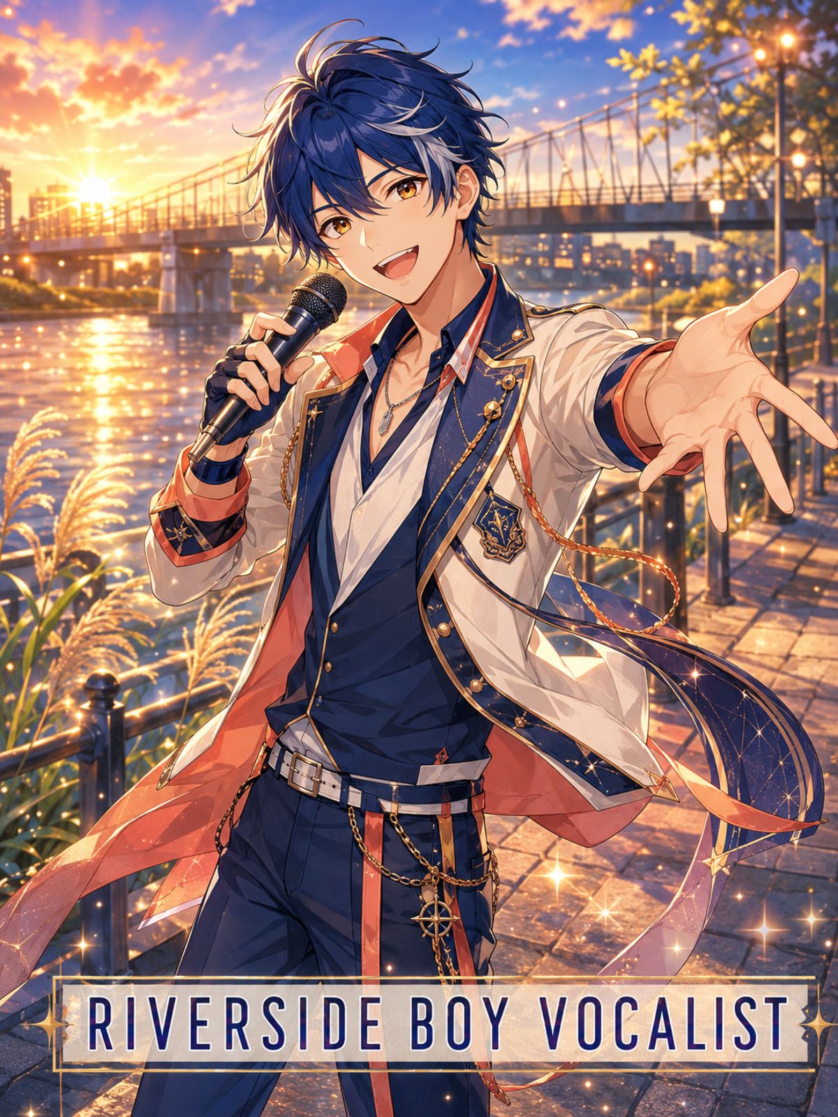 Original adult male school-idol vocalist in a white and coral performance coat on a riverside stage