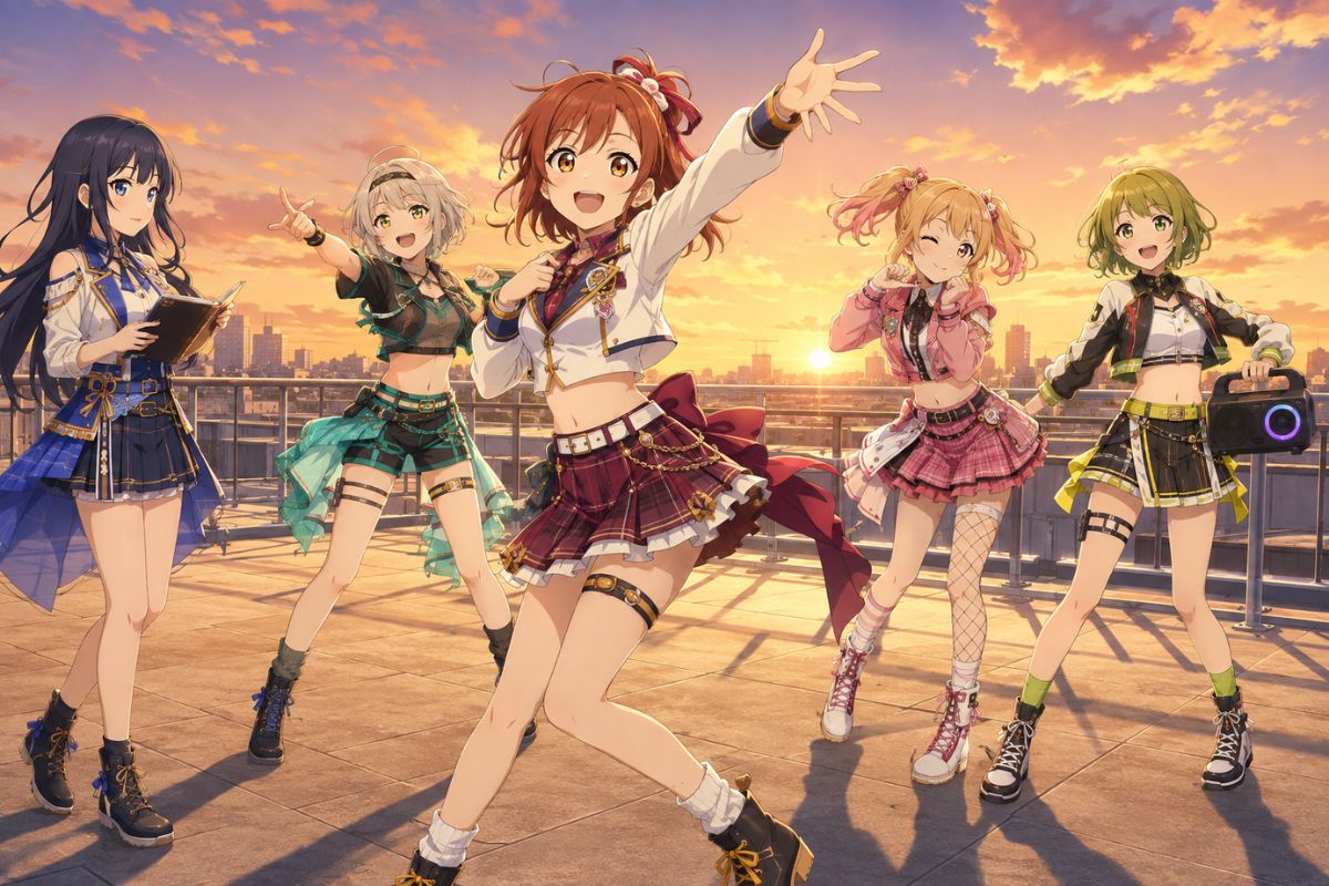 Original adult male school-idol OC performing in a navy coral and gold stage outfit