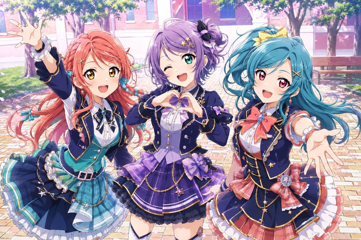 Five materially distinct original adult female school-idol OCs collaborating around a blank board in a bright indoor rehearsal room