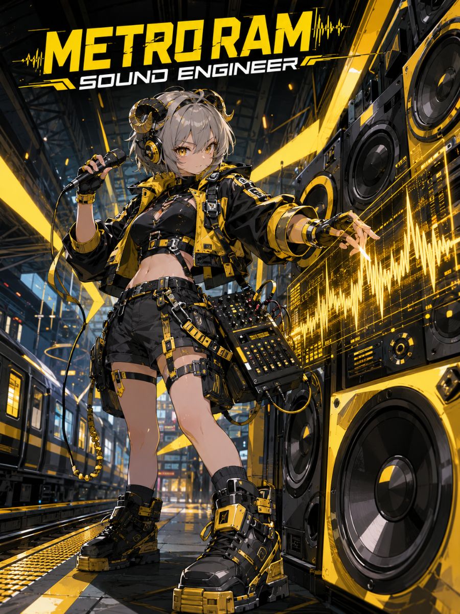 One original ram-inspired animal-hybrid sound engineer with curled ivory horns, deep brown skin, lavender braids, plum cream and lime studio streetwear, carrying an abstract portable speaker