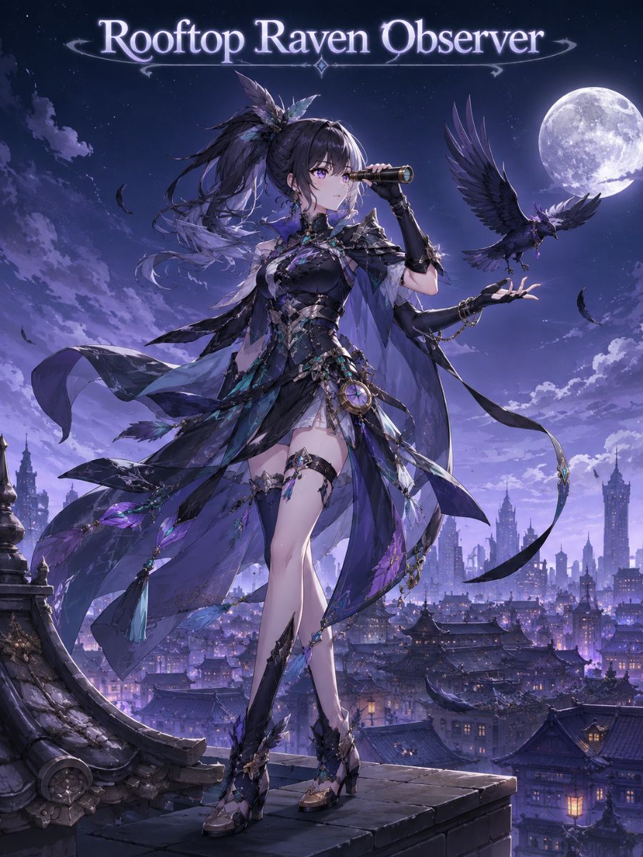One original raven-inspired urban-fantasy rooftop observer with subtle dark feather accents, cool brown skin, cropped black hair, cobalt gray and gold utility coat, holding compact binocular