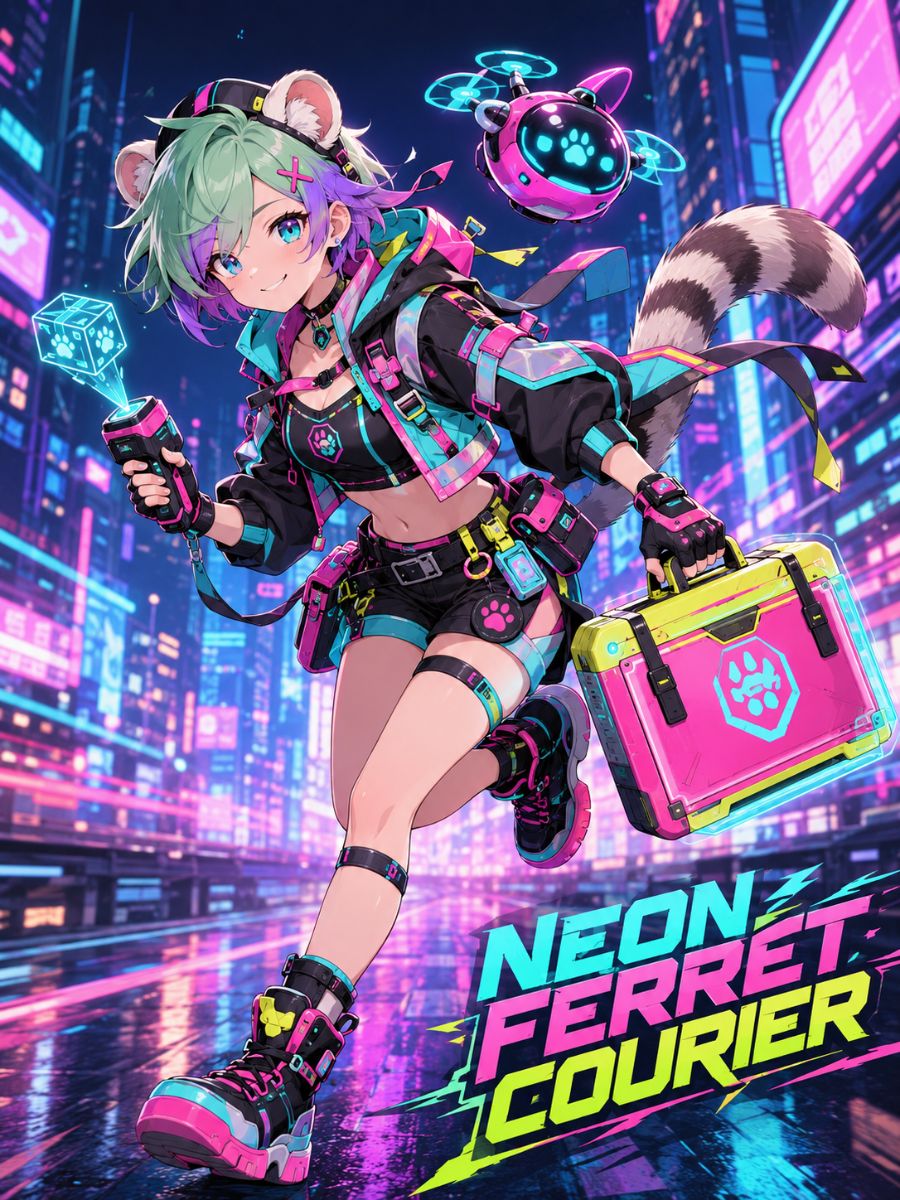 One original ferret-inspired animal-hybrid urban courier with warm olive skin, rounded ears, chestnut tail, coral navy and white aerodynamic streetwear, skating through a neon delivery lane,