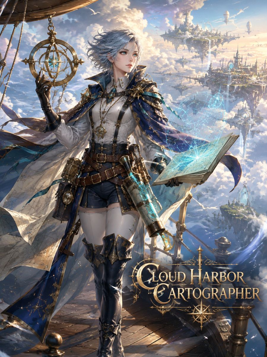 One original crystal-fantasy cloud-harbor cartographer with tan skin, short violet curls, teal cream and bronze layered travel clothing, carrying rolled blank maps and an original wind compa