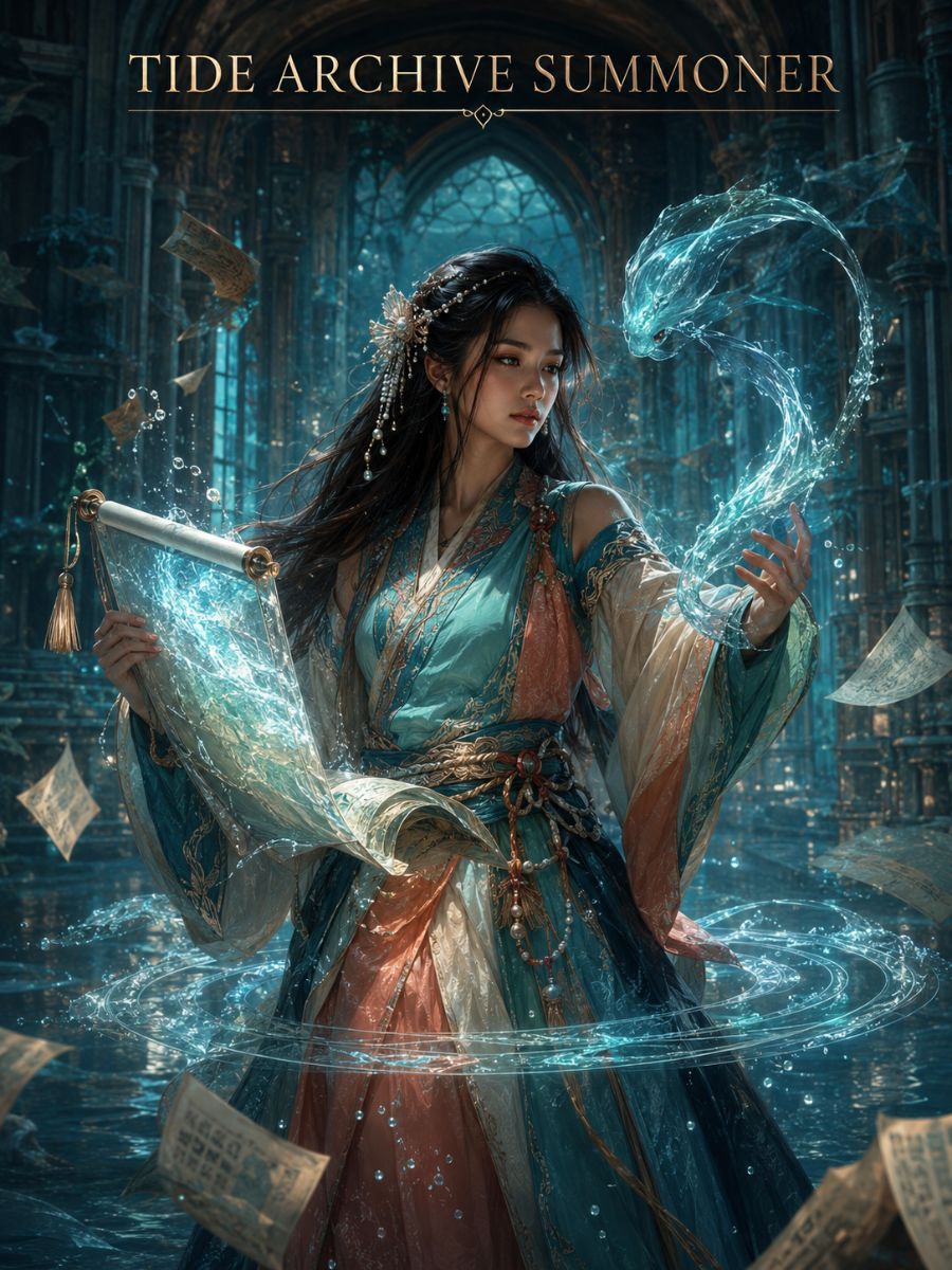 Exactly one original Southeast Asian human tide-archive summoner with long black hair, pearl turquoise and coral robes, guiding one small abstract translucent water spirit inside a submerged