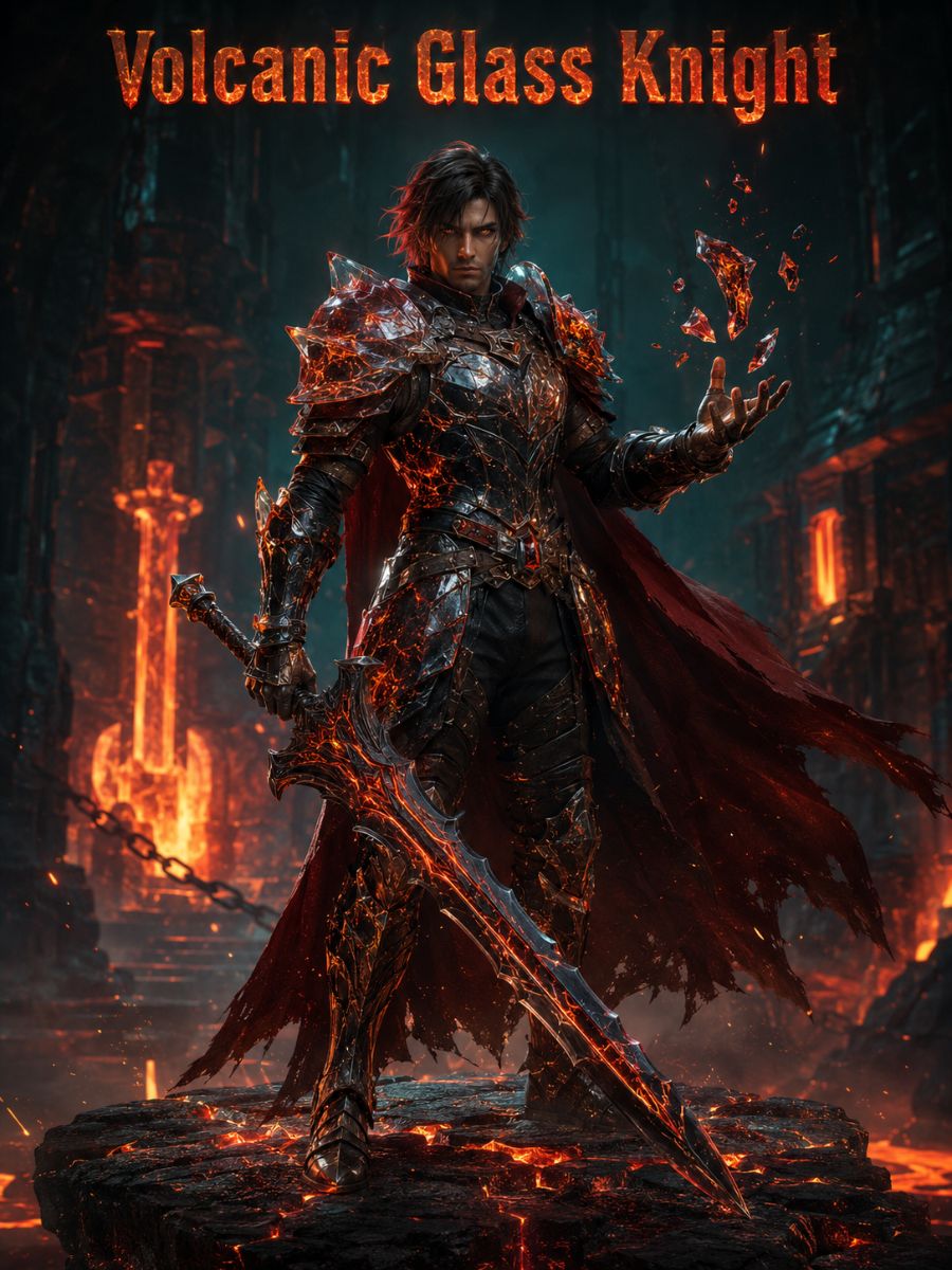 One original dark-skinned human volcanic glass knight with shaved head, asymmetrical obsidian burgundy and gold armor made of translucent black glass plates, holding an original wide transpa
