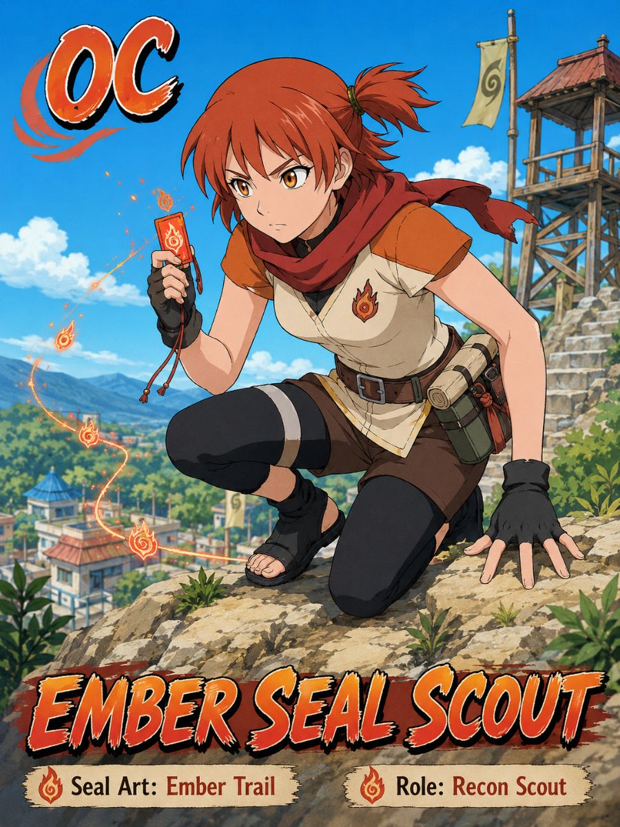 Original female fire-style shinobi scout with ember effects