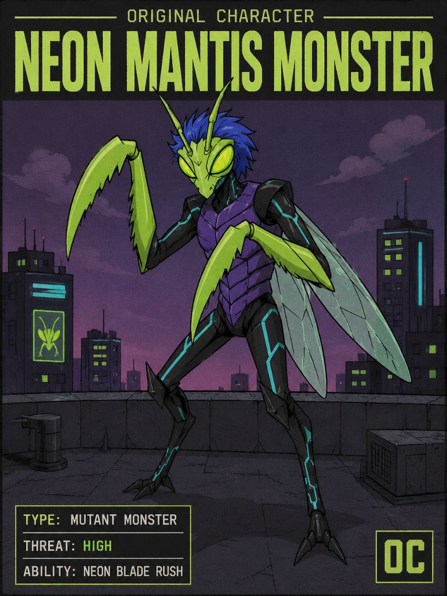 Original neon mantis monster character in anime art