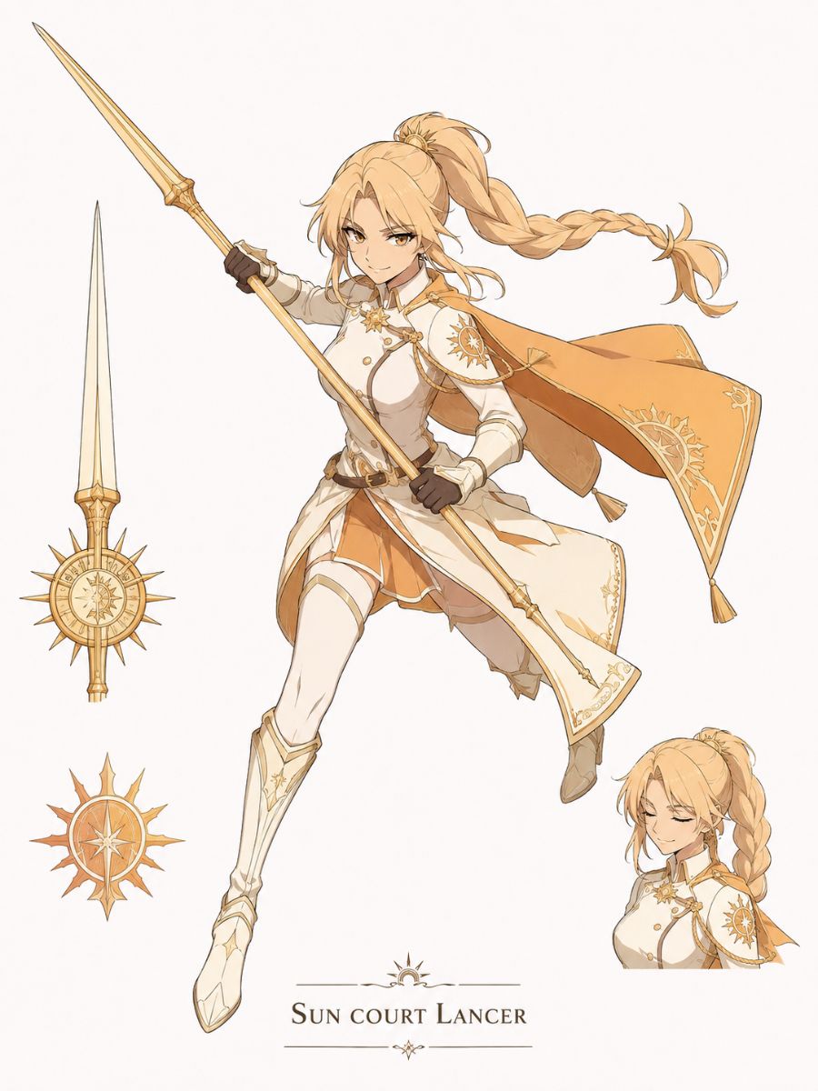 An original sun-court lancer with a forked lance inside a desert eclipse temple.