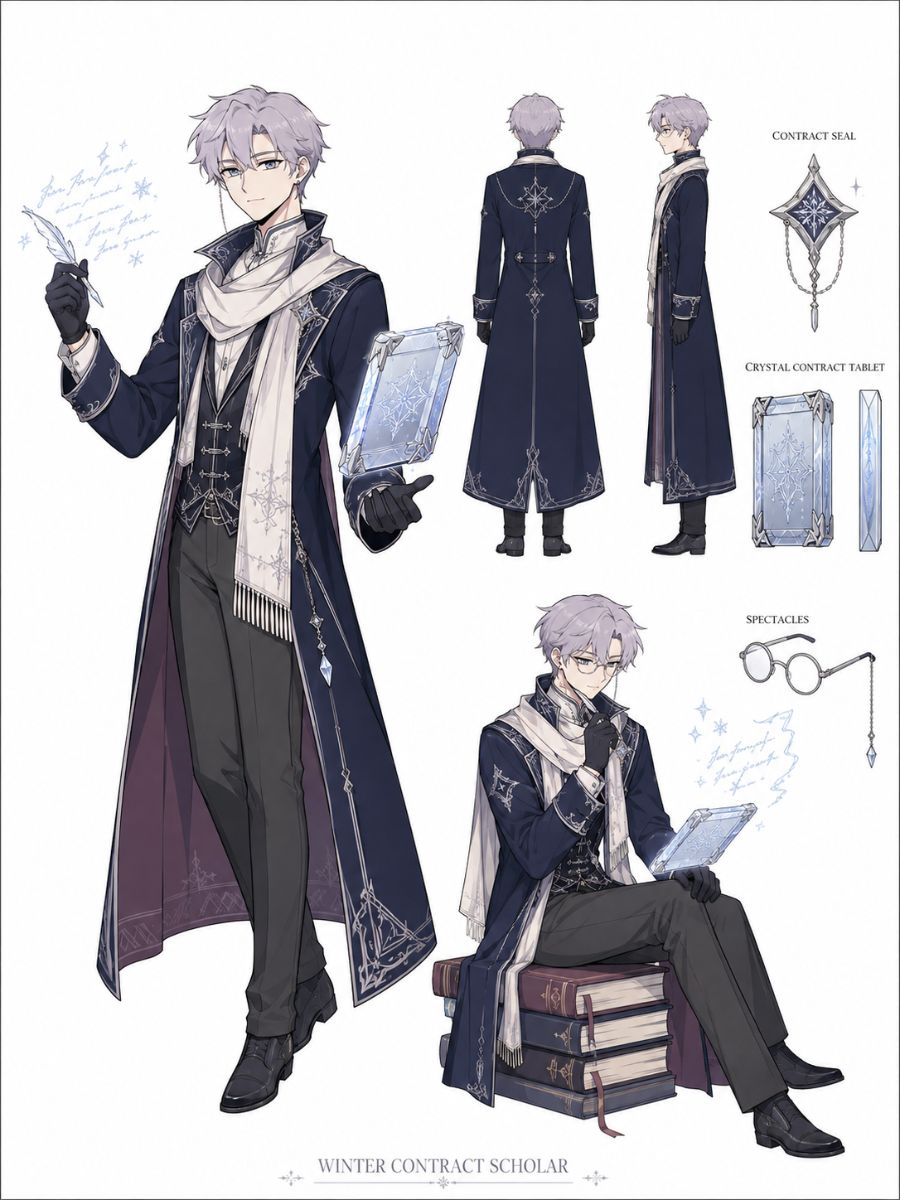 An original winter contract scholar carrying a crystal compass through a snow-covered archive.