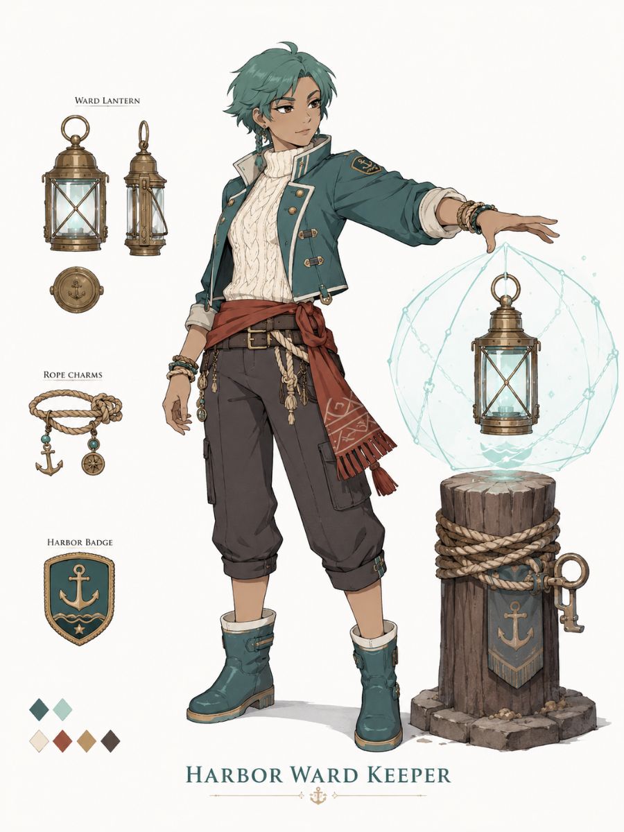 An original harbor ward keeper guiding a turquoise bird-shaped spirit over lantern-lit docks.