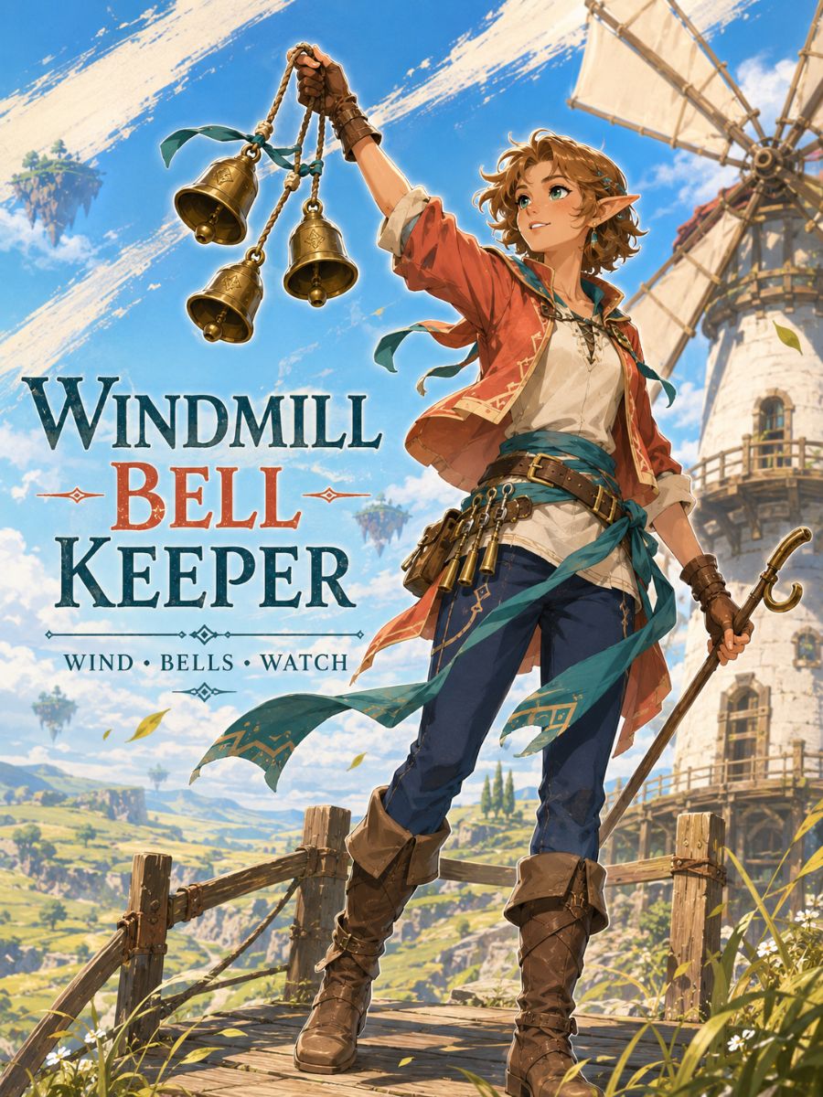 Exactly one original elderly dark-skinned man wind-bell keeper with white beard, saffron navy and cream layered village clothes, carrying one handbell and rope coil beside a solita