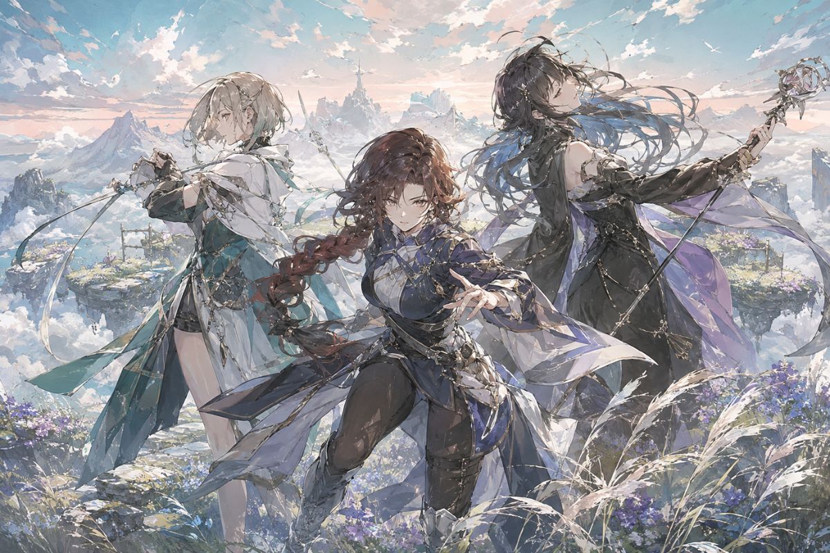 Exactly one original adult woman resonance field medic with brown skin, short silver curls, teal charcoal and cream layered survival coat, carrying a compact medical satchel and a