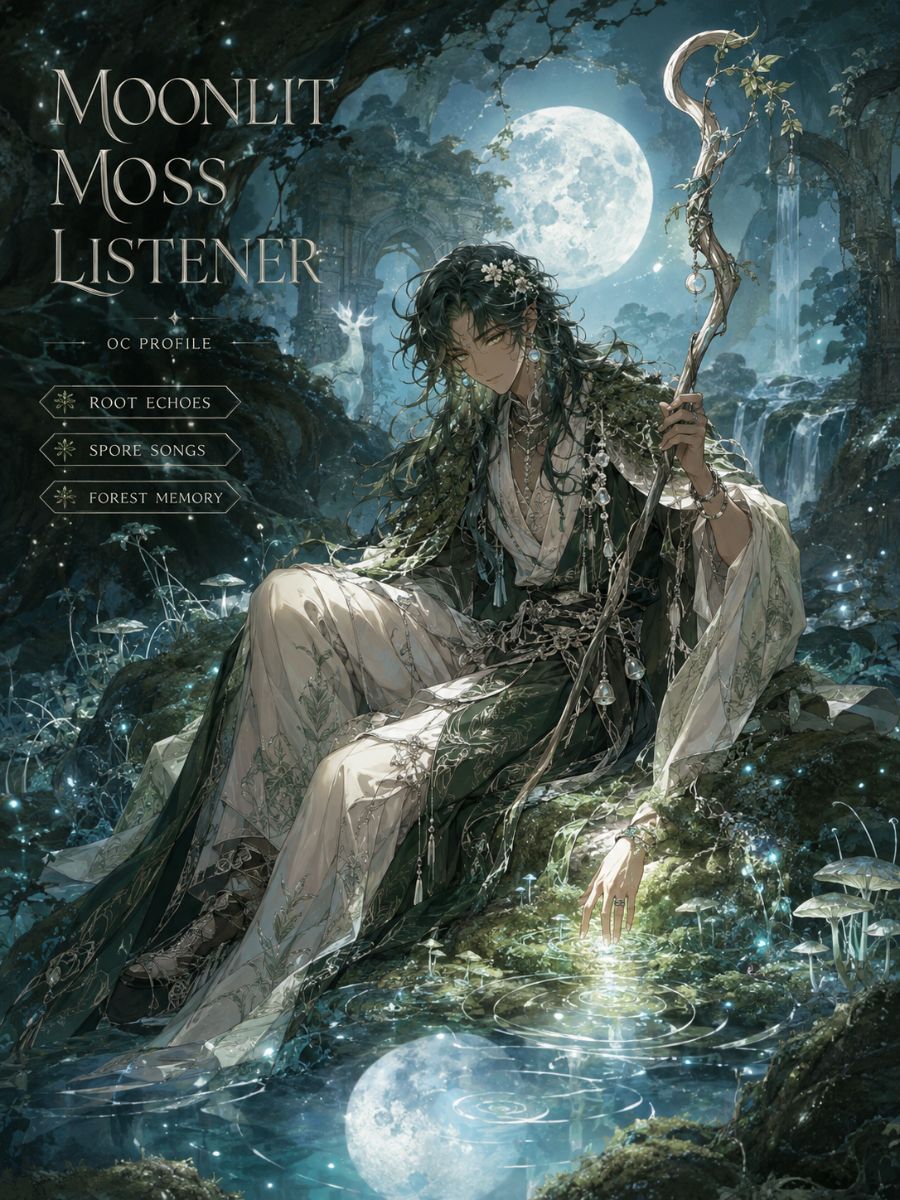 Exactly one original nonbinary adult moss listener with deep brown skin, long white locs, plum green and cream layered rain clothes, kneeling beside luminous moss in a quiet floode