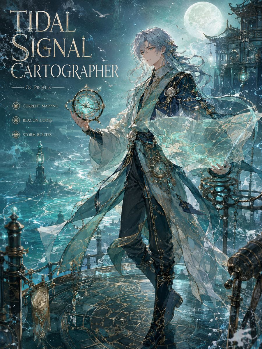 Exactly one original Southeast Asian adult man tidal signal cartographer with wavy dark hair, pearl turquoise and rust field coat, holding a compact blank brass map frame on a wind