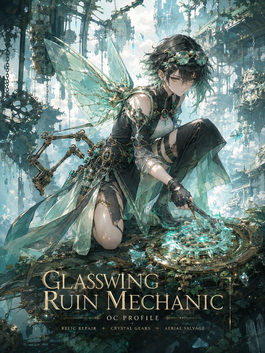 Exactly one original adult woman ruin mechanic with warm brown skin, shaved sides and dark curls, olive orange and graphite workwear, repairing a small original glass-winged survey