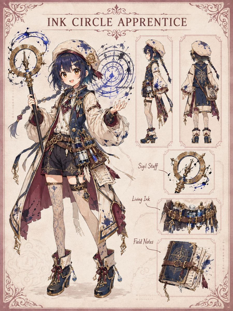 Original ink-magic apprentice with a wide decorated witch hat