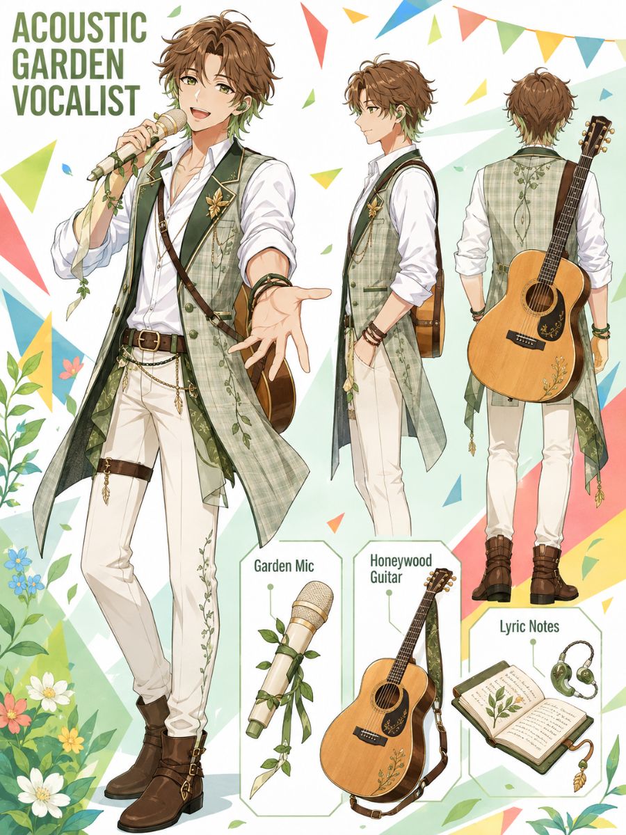 Exactly one original adult East Asian man acoustic garden vocalist with shoulder-length auburn hair, sage cream and tan soft stage clothing, holding an original wooden acoustic gui