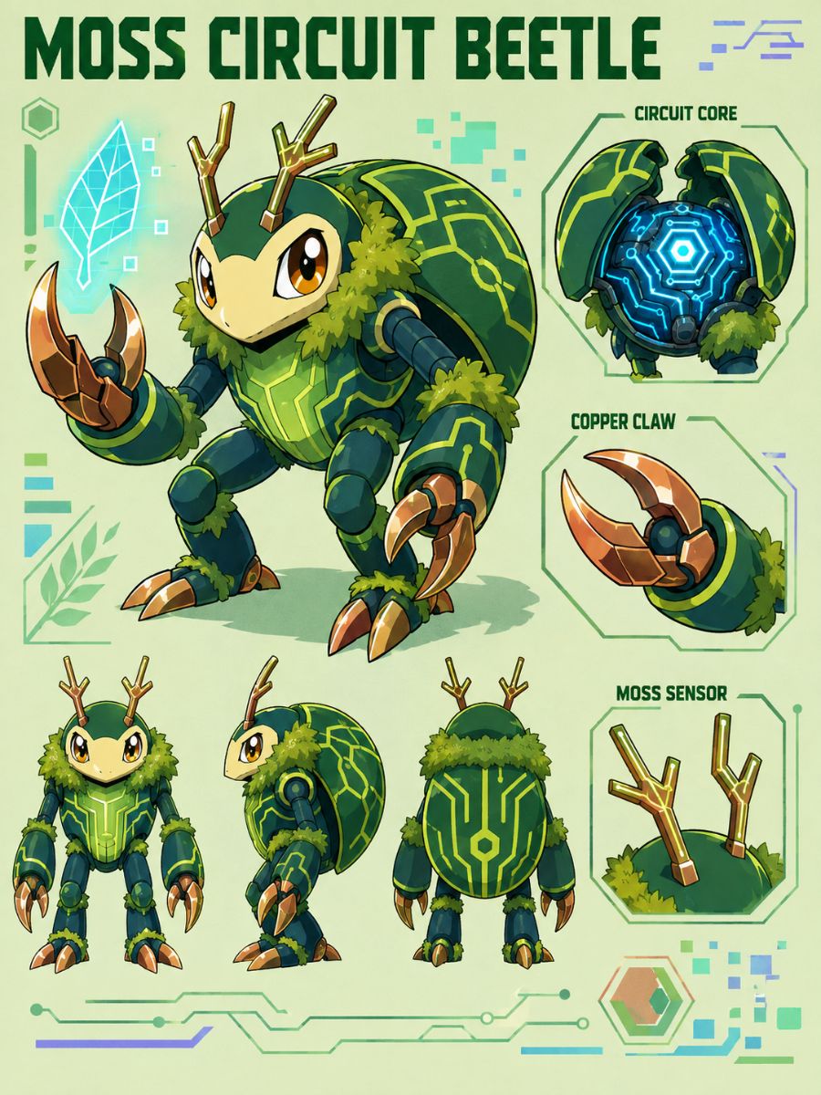 Original forest beetle digital creature with circuit markings