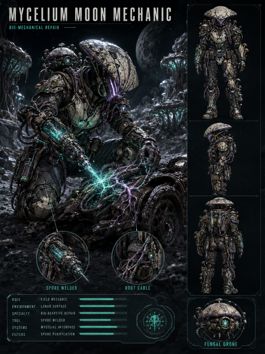 One original squat quadrupedal fungal alien mechanic with a broad charcoal cap, four sturdy legs, two delicate tool arms, rust-colored utility webbing and a hovering ceramic repair