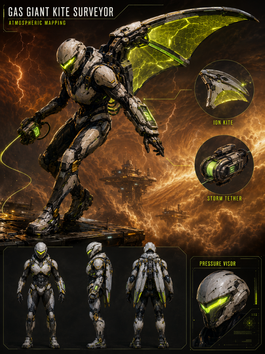 One original avian alien atmospheric surveyor with long ivory beak, indigo feathers, two legs and two broad membrane arms, wearing a slim silver harness connected to three geometri