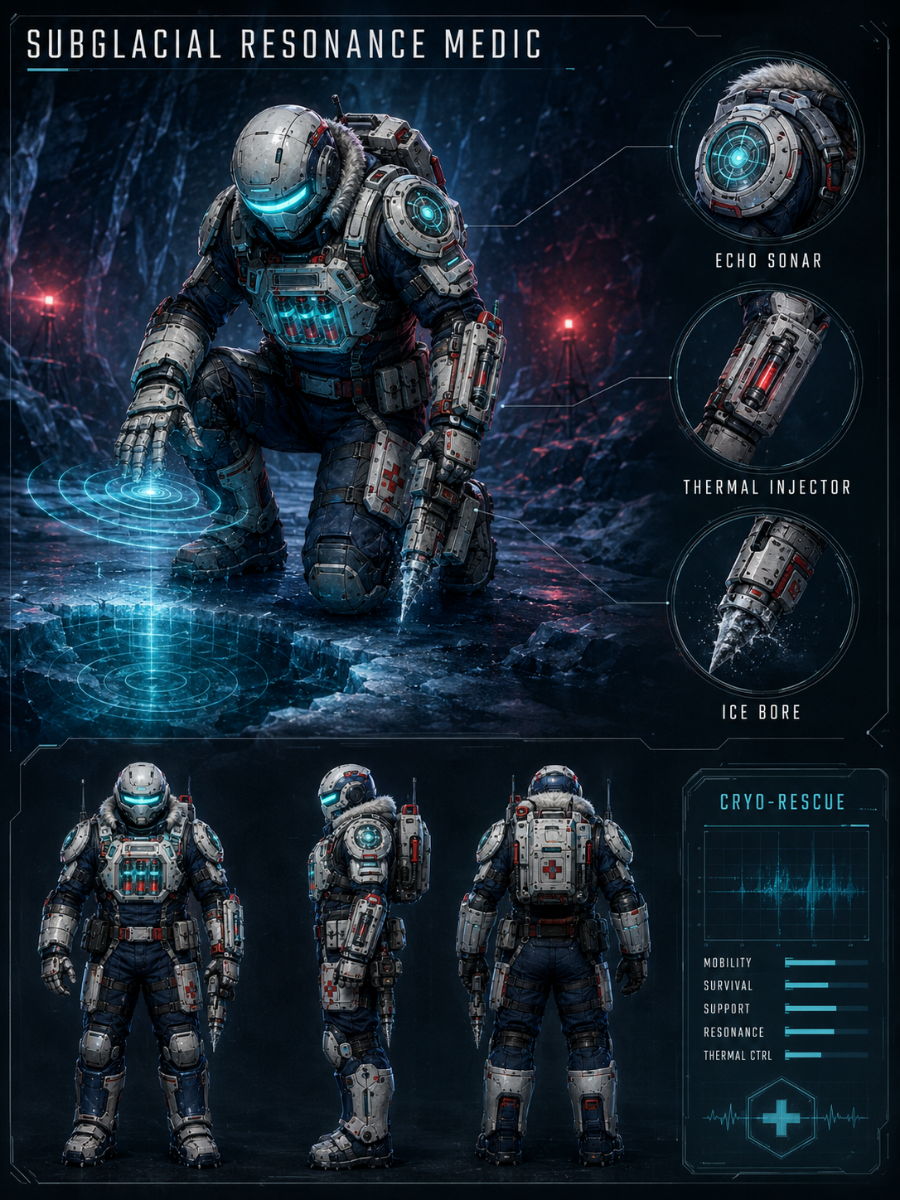 One original female human subglacial emergency medic with East Asian features, long black undercut braid, white quilted cold suit with mint flexible joints, kneeling beside an open