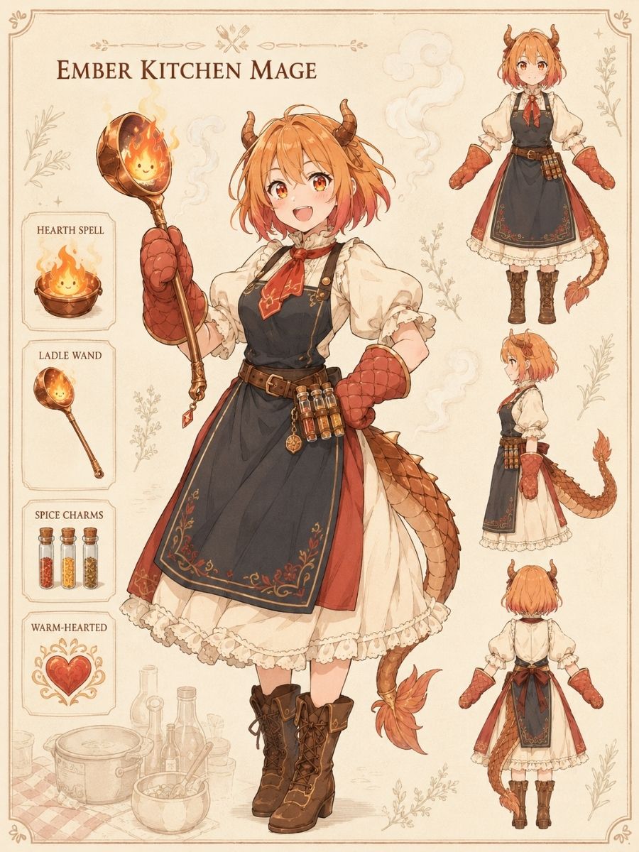 Original red-haired dragon maid OC with ember magic