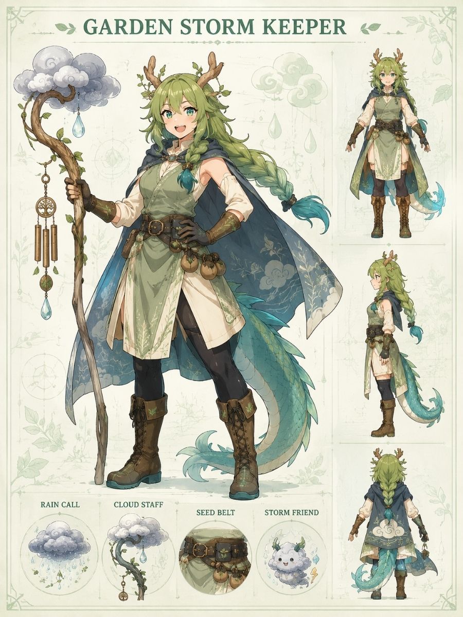 Original teal-haired dragon maid OC with storm magic