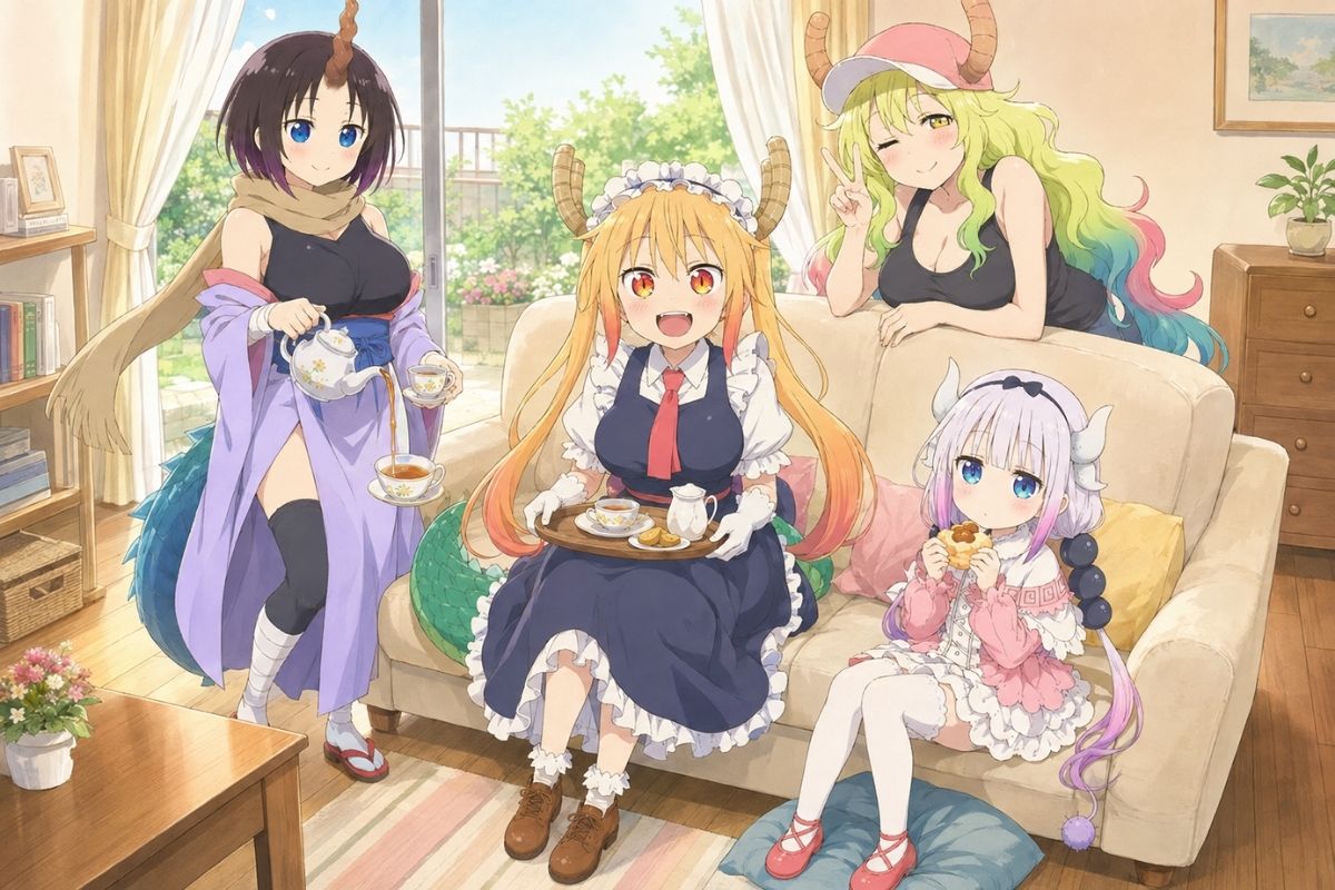 Original anime dragon maid character with horns and tail
