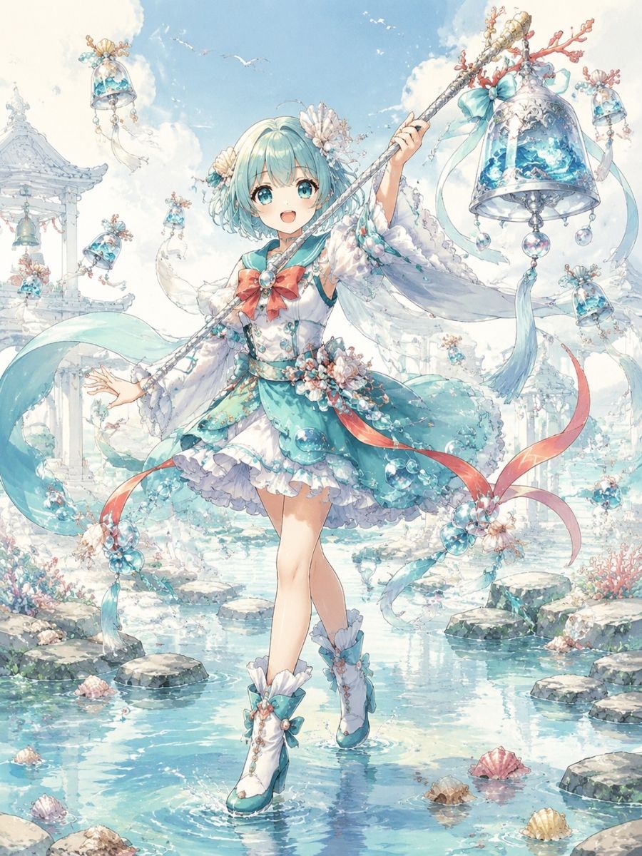 One original teenage tide-glass bell keeper with Pacific Islander features, loose dark curls, coral-orange jacket over sea-blue culottes, carrying a translucent bell filled with mi