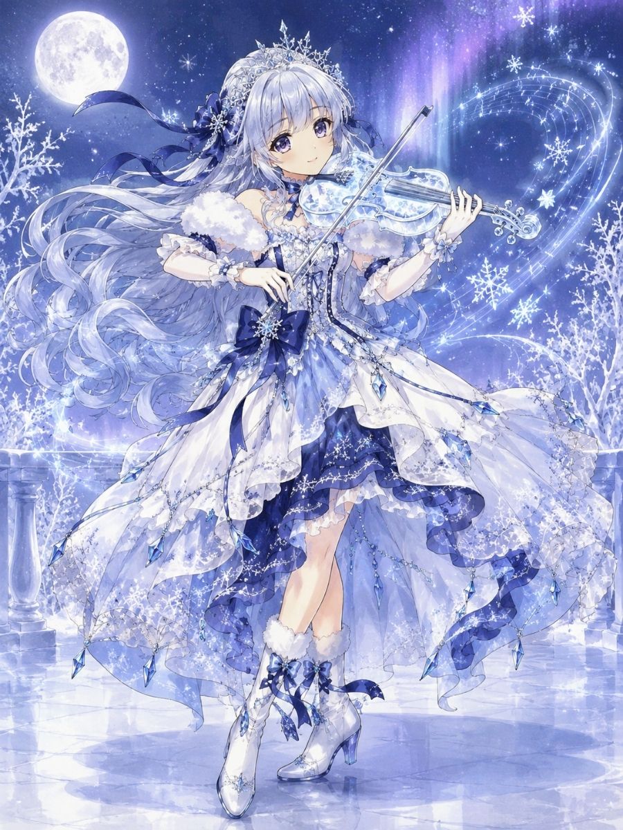 One original adult winter-echo violinist with Black features, braided silver updo, burgundy long coat and pale blue scarf, playing a transparent angular violin as abstract frost ri