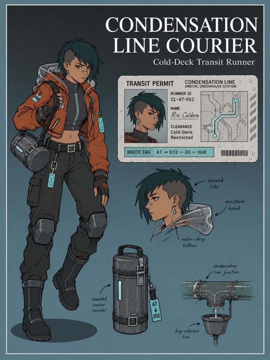 One original dark-skinned young adult internal courier, short violet twists, cobalt utility jacket over gray work trousers, carrying a sealed blank tube through a narrow corridor f