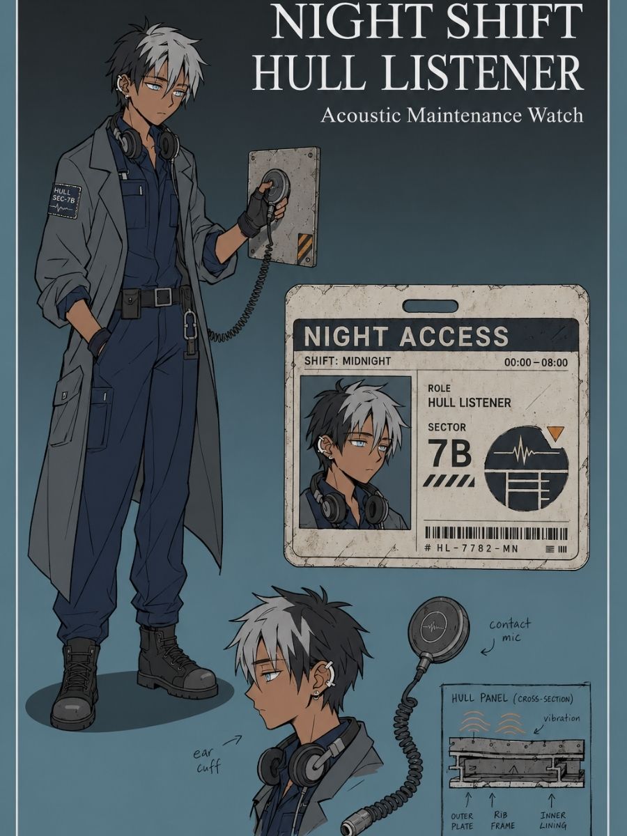 One original pale-skinned male hull acoustics inspector, age 44, bald with brown beard, olive coveralls under a cream padded vest, pressing a mechanical listening disk against a di