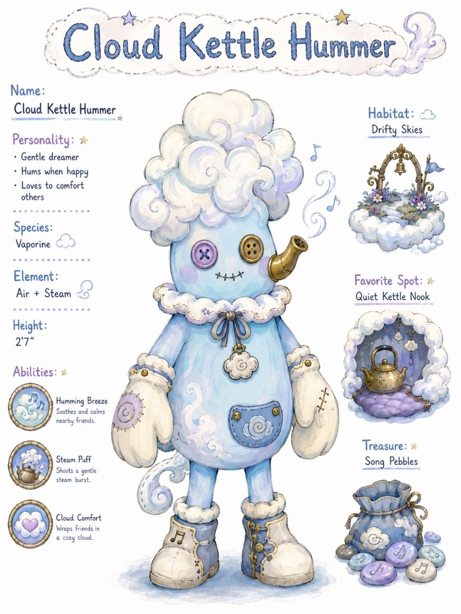 One original floating kettle-shaped cloud creature with pale peach vapor skin, two ribbon fins, a tiny round mouth and three dangling rain beads, humming above a sunrise cloud mead