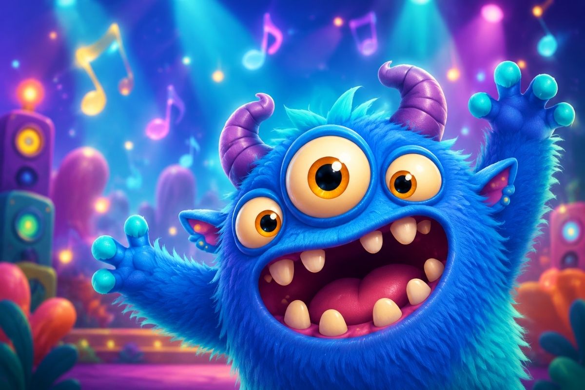 One original elderly-looking six-legged stone cricket creature with a low arched body, turquoise mineral plates and two smooth resonating forelimbs, tapping a syncopated rhythm ins